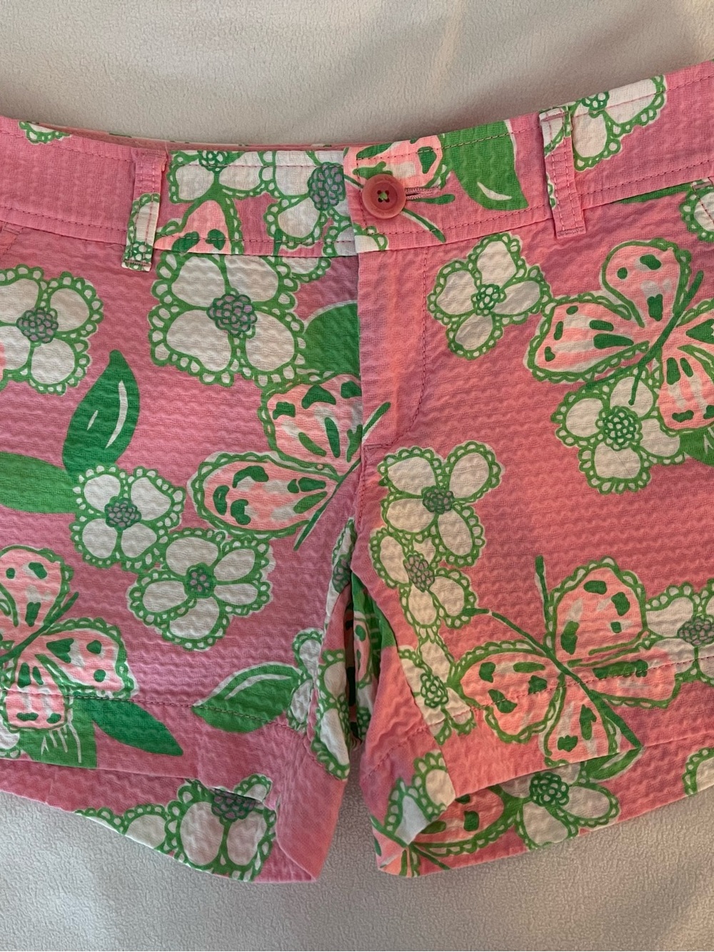 Lilly Pulitzer Pink Floral Seersucker Shorts with Green Accents